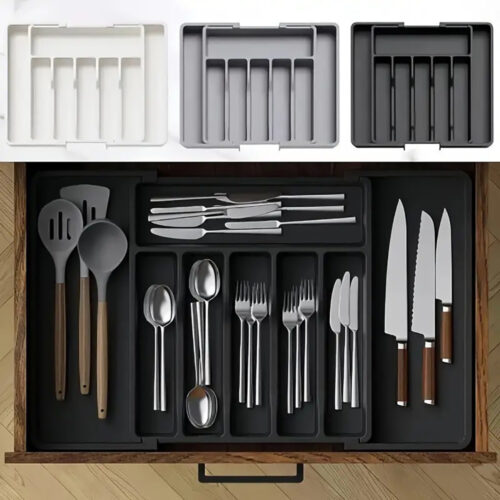 07 Silverware Storage Box, Adjustable Kitchen Utensil Telescopic Rack, Cutlery Drawer Organizer