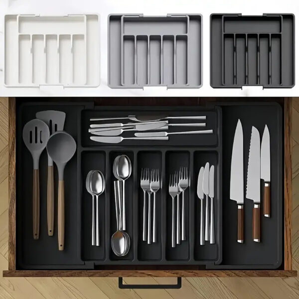07 Silverware Storage Box, Adjustable Kitchen Utensil Telescopic Rack, Cutlery Drawer Organizer