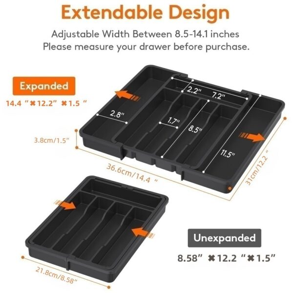 SKU-04-小号黑色收纳盒 Silverware Storage Box, Adjustable Kitchen Utensil Telescopic Rack, Cutlery Drawer Organizer