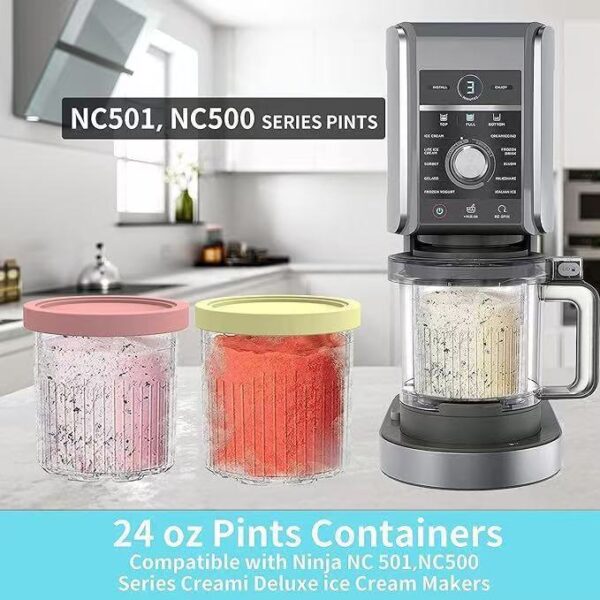 The Ninja Creami Deluxe Ice Cream Cup is compatible with Ninja NC500 and NC5012.